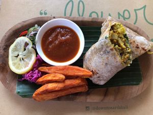 Wrap with sweet potato fries at Earth Cafe and Market in Seminyak