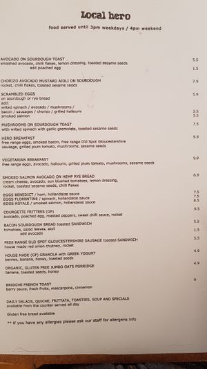 Menu at Local Hero in South West London