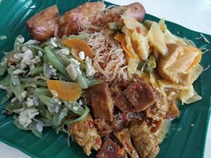 Economic bee hoon with Curry vegetables, spring roll, French beans and twa kwa at Sui Yuan Zhai 随缘斋 in Central Singapore