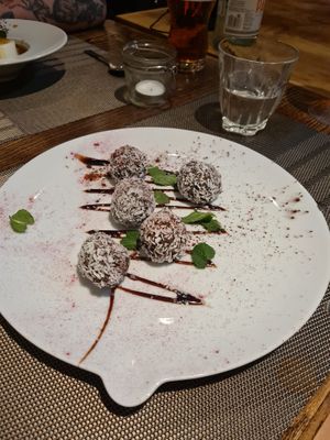 Vegan coconut and chocolate truffles   at Da Vinci Italian Restaurant in Aberdeen