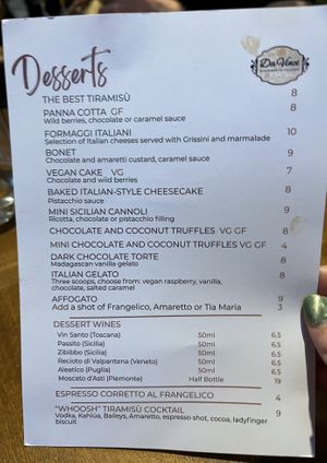 Dessert menu May’26  at Da Vinci Italian Restaurant in Aberdeen