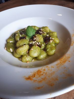 Vegan gnocchi with  green peas cream , dried tomatoes, pine nuts at Da Vinci Italian Restaurant in Aberdeen