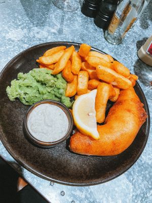 Vegan fish (banana blossom) & chips, mushy peas  at Lifeboat Inn in St Ives