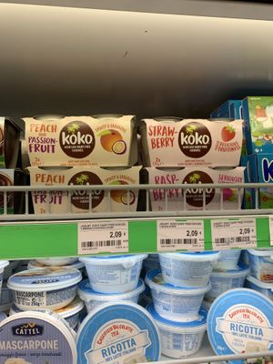 Vegan yogurt in the refrigerator at Agraria Koper in Koper