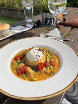 Vegetable Penang Curry: pak choi, squash, red onions and peppers in a creamy coconut penang inspired curry sauce served with jasmine rice  at The Commodore in Helensburgh