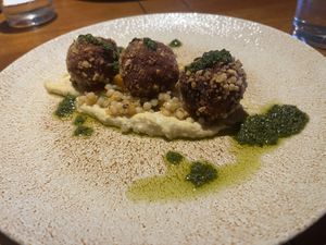 vegan arancini balls with pesto and couscous - really balanced and flavorful, perfect outside crunch and creamy center - truly  phenomenal   at The Commodore in Helensburgh