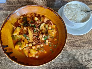 Couchette, tomato, chickpea casserole   at The Geographer in Fort William