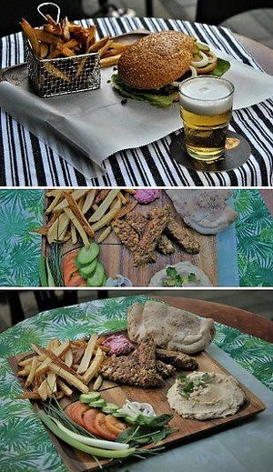 וג'י בורגר , וצלחת קבב עם צ'יפס, ירקות , פיתה, חומוס ביתי וטחינה סלק . at Alf in Haifa