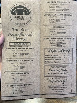 Vegan section on the menu. Small - 5 Pierogies. Large - 9 Pierogies    at Pierogies House in Morristown
