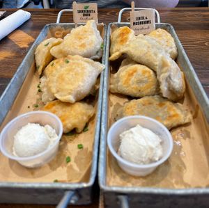 Both are vegan (they were out of the vegan version of the lentil & mushroom flag). So good! My husband preferred his sauerkraut ones, and I preferred my lentil mushroom ones  at Pierogies House in Morristown