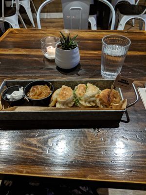 Lentil/mushroom perogies with carmelized onions and vegan sour cream at Pierogies House in Morristown
