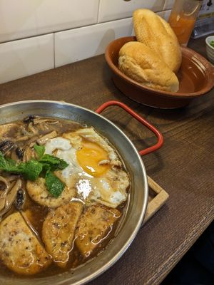 Eggs, mushroom and tofu dish at Banh Mi 25 in Hanoi