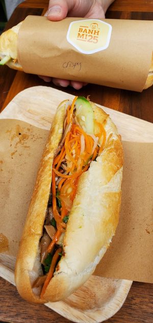 Vegan loaf banh mi, with extra mushrooms at Banh Mi 25 in Hanoi