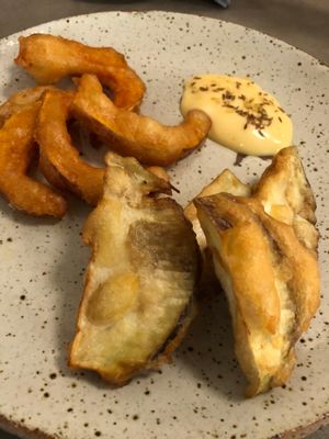 Veggie tempura (described as "beignet" on menu) at Vegimo 野菜食堂 in Hiroshima