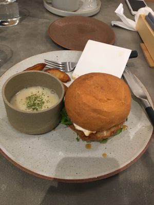Burger Set which include soup and small portion of potatoes at Vegimo 野菜食堂 in Hiroshima