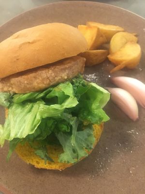 Burger and potato wedges at Vegimo 野菜食堂 in Hiroshima
