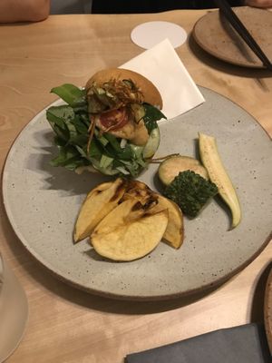 Vegan burger with homemade fries  at Vegimo 野菜食堂 in Hiroshima
