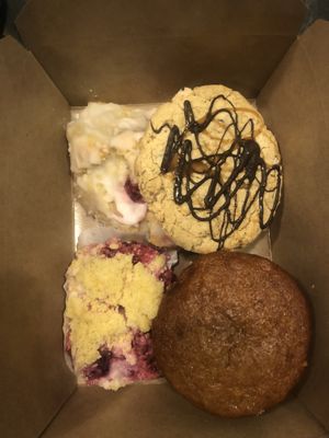 From top, clockwise: blackberry scone w/lemon glaze, Wild Oat cookie, banana bread muffin, blackberry cheesecake bar  #Veganuary at The Wild Oat in Bellingham