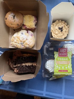 Pastries for Thanksgiving! Cappuccino muffin, cranberry lemon scone, blackberry bar for breakfast, espresso cupcake (top right), & chocolate peanut butter cake (bottom left)    at The Wild Oat in Bellingham