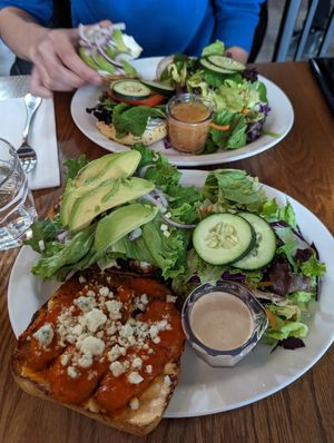 Buffalo chicken sandwich and toasted bagel sandwich at The Wild Oat in Bellingham