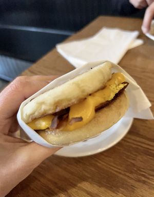 Breakfast sandwich with added. Coconut bacon  at The Wild Oat in Bellingham