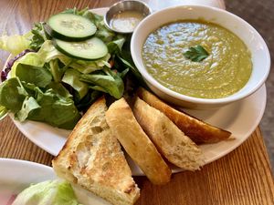 Split pea with salad and toasted roll  at The Wild Oat in Bellingham