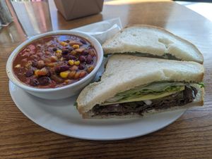 Roast beef deli sandwich and chili at The Wild Oat in Bellingham