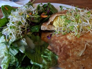 Eggless salad pita with salad at The Wild Oat in Bellingham