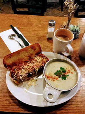 Meatball sandwich, potato soup, and hot cocoa. Yum! at The Wild Oat in Bellingham