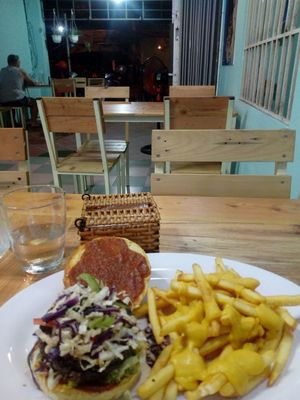 Mushroom and black bean burger with cheesy fries at Vegan Beets in Hoi An