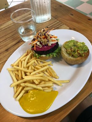 Burger with fries at Vegan Beets in Hoi An