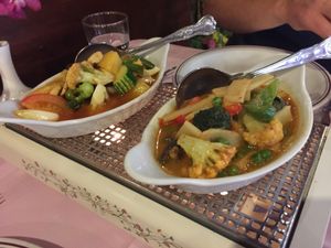Sweet and sour veg (left) and curried veg (right) at River Kwai in Alton