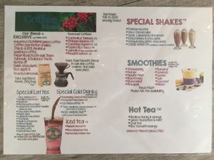 Drink menu: offers almond and soy milk at Great Day Coffee in El Puerto De Santa Maria