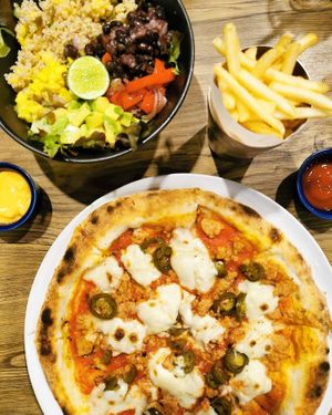 Diavola pizza and burrito bowl at The Hungry Wolf in Koh Samui