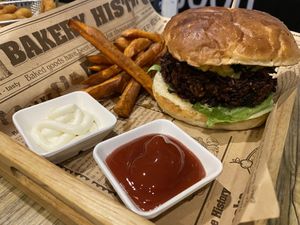 Beetroot burger and sweet potato fries   at The Hungry Wolf in Koh Samui