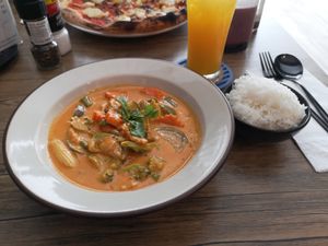 Red curry with rice at The Hungry Wolf in Koh Samui