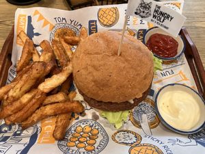 Vegan cheese burger with mock meat (beef), home made fries, vegan mayo  at The Hungry Wolf in Koh Samui