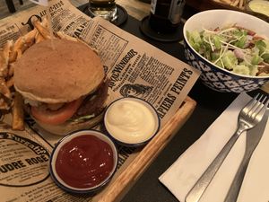 Classic vegan burger, sweet potatoes fries and side salad  at The Hungry Wolf in Koh Samui
