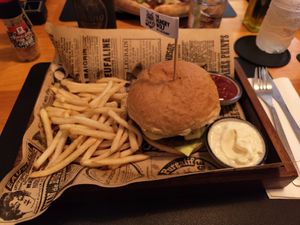 Vegan Spicy Cheeseburger with French Fries at The Hungry Wolf in Koh Samui