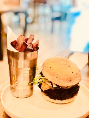 Vegan Beetroot and melting vegan cheddar Burger...it was crunchy on the oursite and juicy on the inside topped with a homemade sauce 
Super yummy they also offer a delishes sweet potato Burger at The Hungry Wolf in Koh Samui