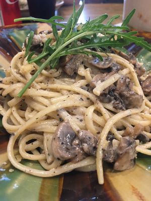 Vegan tagliatelle with mushrooms at The Hungry Wolf in Koh Samui