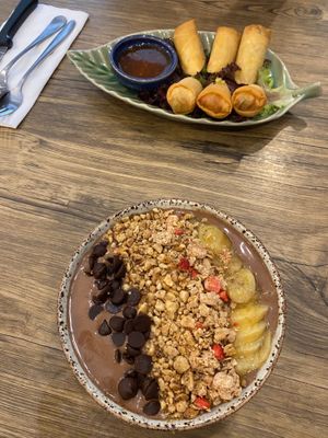 Chocolate smoothie bowl & vegan spring rolls! at The Hungry Wolf in Koh Samui