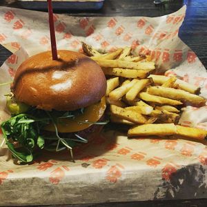 Vegan burger and fries at Burgatory - N Shore in Pittsburgh