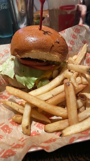 Impossible burger and fries  at Burgatory - N Shore in Pittsburgh
