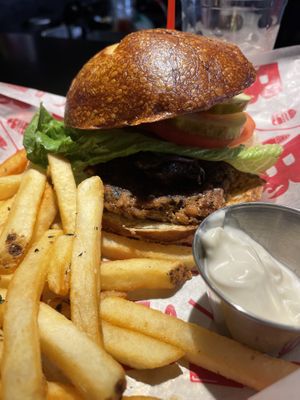 Veggie Burger on pretzel bun with herb fries   at Burgatory - N Shore in Pittsburgh