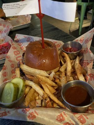 Impossible burger with mushrooms, onions, vegan cheddar and fries & spicy ketchup  at Burgatory - N Shore in Pittsburgh