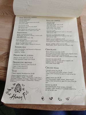 Drinks menu at The Honey Pot in Penzance