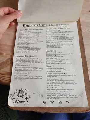 Breakfast menu at The Honey Pot in Penzance