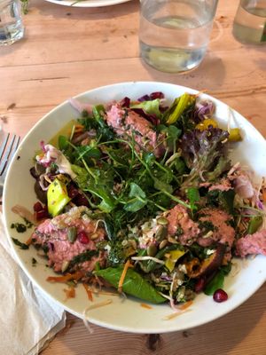 superfood salad: quinoa, roasted sweet potato, grilled broccoli, beet hummus, toasted seeds & more! at The Honey Pot in Penzance