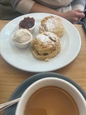 Vegan cream tea. Oat milk only and plain scone only but very tastyy  at The Honey Pot in Penzance
